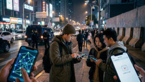 Jóvenes en una calle de China usando smartphones que muestran gráficos de redes mesh y una notificación de error en la App Store, representando la censura de la aplicación Bitchat en un entorno urbano nocturno.