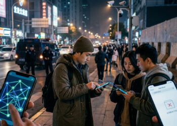 Jóvenes en una calle de China usando smartphones que muestran gráficos de redes mesh y una notificación de error en la App Store, representando la censura de la aplicación Bitchat en un entorno urbano nocturno.