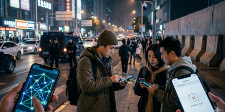 Jóvenes en una calle de China usando smartphones que muestran gráficos de redes mesh y una notificación de error en la App Store, representando la censura de la aplicación Bitchat en un entorno urbano nocturno.