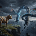 Representaciรณn conceptual del ataque de secuestro de DNS a CoW Swap: un buey mecรกnico con sรญmbolos de Ethereum observa una cadena de bloques rota y un portal digital fracturado bajo un cielo tormentoso, simbolizando la interrupciรณn del servicio y la vulnerabilidad en la interfaz de un exchange descentralizado (DEX).