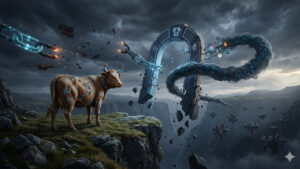 Representaciรณn conceptual del ataque de secuestro de DNS a CoW Swap: un buey mecรกnico con sรญmbolos de Ethereum observa una cadena de bloques rota y un portal digital fracturado bajo un cielo tormentoso, simbolizando la interrupciรณn del servicio y la vulnerabilidad en la interfaz de un exchange descentralizado (DEX).