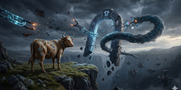Representación conceptual del ataque de secuestro de DNS a CoW Swap: un buey mecánico con símbolos de Ethereum observa una cadena de bloques rota y un portal digital fracturado bajo un cielo tormentoso, simbolizando la interrupción del servicio y la vulnerabilidad en la interfaz de un exchange descentralizado (DEX).