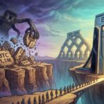 Ilustración conceptual de Bitcoin dividida en dos mundos: a la izquierda, una amenaza cuántica destruye bloques de piedra marcados con firmas antiguas (ECDSA/Schnorr) y los fondos de Satoshi (1.1M BTC). A la derecha, un portal luminoso y seguro bajo el nombre BIP-361 recibe a los usuarios que cruzan un puente, simbolizando la migración hacia la resistencia cuántica.