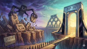 Ilustraciรณn conceptual de Bitcoin dividida en dos mundos: a la izquierda, una amenaza cuรกntica destruye bloques de piedra marcados con firmas antiguas (ECDSA/Schnorr) y los fondos de Satoshi (1.1M BTC). A la derecha, un portal luminoso y seguro bajo el nombre BIP-361 recibe a los usuarios que cruzan un puente, simbolizando la migraciรณn hacia la resistencia cuรกntica.