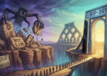 Ilustración conceptual de Bitcoin dividida en dos mundos: a la izquierda, una amenaza cuántica destruye bloques de piedra marcados con firmas antiguas (ECDSA/Schnorr) y los fondos de Satoshi (1.1M BTC). A la derecha, un portal luminoso y seguro bajo el nombre BIP-361 recibe a los usuarios que cruzan un puente, simbolizando la migración hacia la resistencia cuántica.