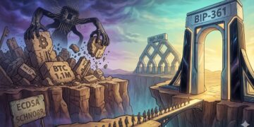 Ilustración conceptual de Bitcoin dividida en dos mundos: a la izquierda, una amenaza cuántica destruye bloques de piedra marcados con firmas antiguas (ECDSA/Schnorr) y los fondos de Satoshi (1.1M BTC). A la derecha, un portal luminoso y seguro bajo el nombre BIP-361 recibe a los usuarios que cruzan un puente, simbolizando la migración hacia la resistencia cuántica.