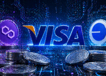 El logo de la red Polygon y Base junto al del procesador de pagos Visa.