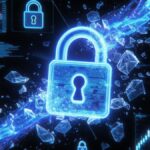 Un candado rodeado de símbolos y de gráficos financieros.