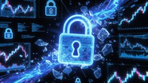 Un candado rodeado de símbolos y de gráficos financieros.