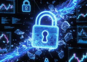 Un candado rodeado de símbolos y de gráficos financieros.