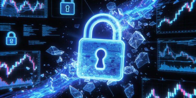 Un candado rodeado de símbolos y de gráficos financieros.