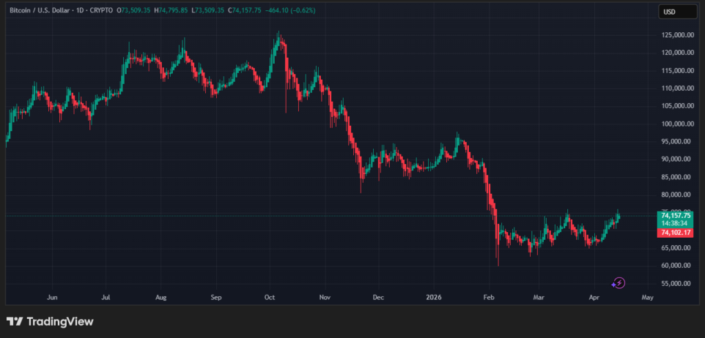 Gráfico del precio de bitcoin en velas diarias.