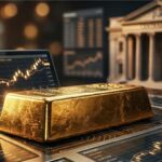 Lingote de otro dorado sobre un fondo con gráficos de vela dorados con efecto difuminado