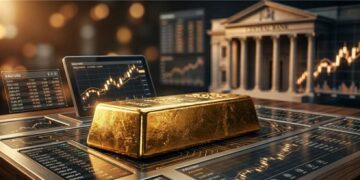 Lingote de otro dorado sobre un fondo con gráficos de vela dorados con efecto difuminado