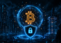 El logo de Bitcoin cubierto por un escudo junto a una computadora cuántica y una ciudad de noche de fondo.