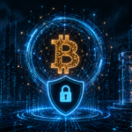 El logo de Bitcoin cubierto por un escudo junto a una computadora cuántica y una ciudad de noche de fondo.