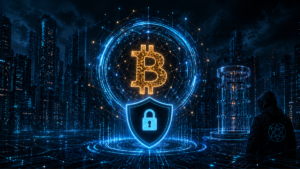 El logo de Bitcoin cubierto por un escudo junto a una computadora cuántica y una ciudad de noche de fondo.