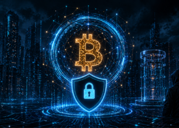 El logo de Bitcoin cubierto por un escudo junto a una computadora cuántica y una ciudad de noche de fondo.