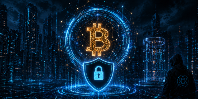 El logo de Bitcoin cubierto por un escudo junto a una computadora cuántica y una ciudad de noche de fondo.