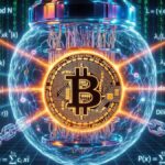 Una moneda de Bitcoin envuelta en un escudo contra una computadora cuรกntica.