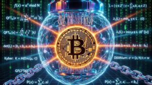 Una moneda de Bitcoin envuelta en un escudo contra una computadora cuรกntica.