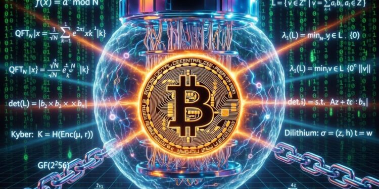 Una moneda de Bitcoin envuelta en un escudo contra una computadora cuántica.