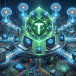 Logo de Tether en el centro con conexiones a computadoras y teléfonos