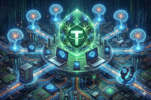 Logo de Tether en el centro con conexiones a computadoras y telรฉfonos