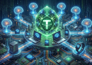 Logo de Tether en el centro con conexiones a computadoras y teléfonos