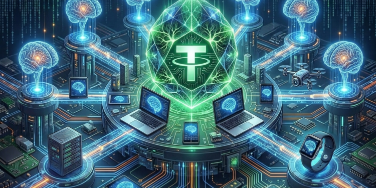 Logo de Tether en el centro con conexiones a computadoras y teléfonos