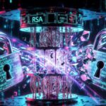 Una computadora cuántica rompiendo candados del cifrado RSA.