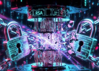 Una computadora cuántica rompiendo candados del cifrado RSA.