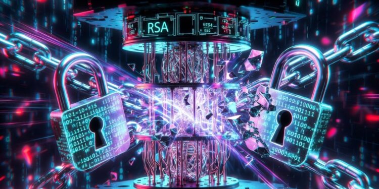 Una computadora cuántica rompiendo candados del cifrado RSA.