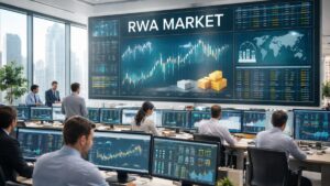 Personas operando en un centro financiero de activos tokenizados.