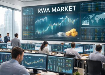 Personas operando en un centro financiero de activos tokenizados.