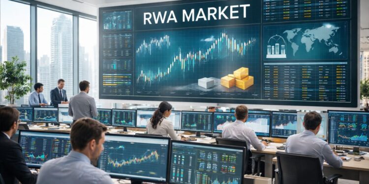 Personas operando en un centro financiero de activos tokenizados.