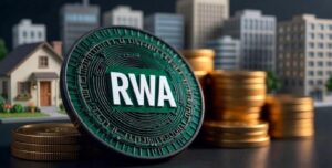 Moneda con las palabras RWA sobre monedas y edificios