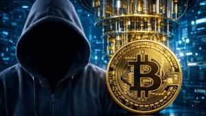 Una persona encapuchada junto a una moneda de Bitcoin y una computadora cuántica.