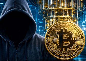 Una persona encapuchada junto a una moneda de Bitcoin y una computadora cuántica.