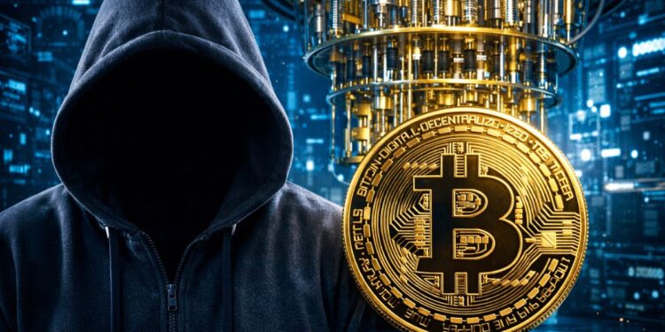 Una persona encapuchada junto a una moneda de Bitcoin y una computadora cuántica.