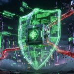 Un escudo verde y tecnologico protegiendo una wallet de criptomonedas.