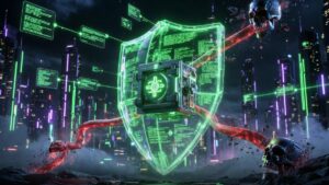 Un escudo verde y tecnologico protegiendo una wallet de criptomonedas.