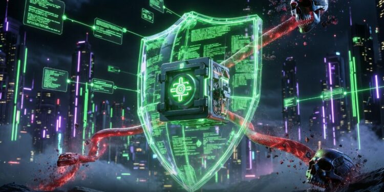 Un escudo verde y tecnologico protegiendo una wallet de criptomonedas.