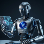 Robot con el logo de TON sosteniendo una tablet sobre un fondo negro