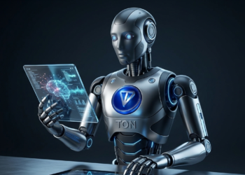 Robot con el logo de TON sosteniendo una tablet sobre un fondo negro