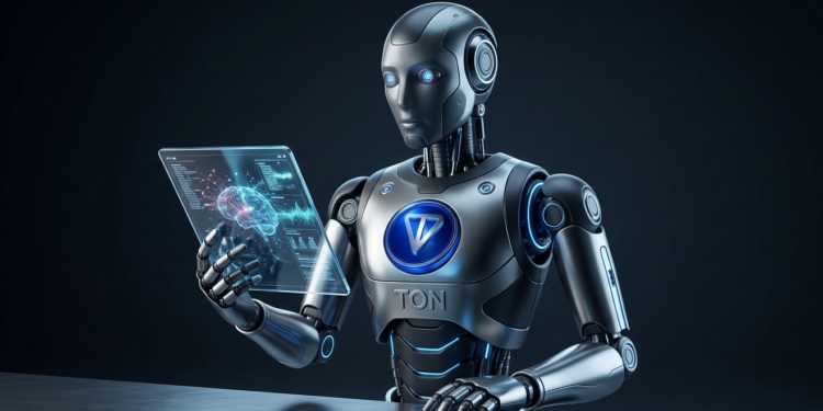 Robot con el logo de TON sosteniendo una tablet sobre un fondo negro