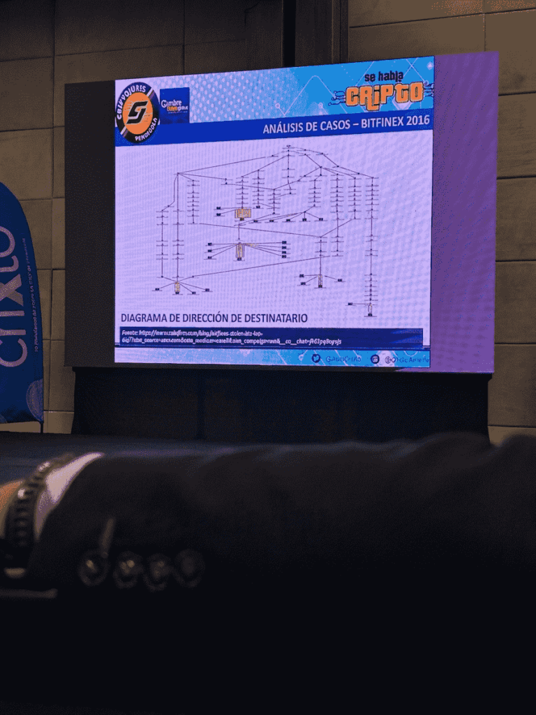 Análisis de casos sospechosos en las redes de criptomonedas proyectado por Ernesto Portillo en la Cumbre Crypto Global celebrada en marzo en Venezuela.