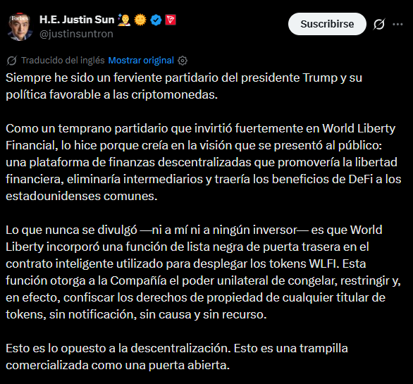 Texto de una publicación compartida en X por Justin Sun.