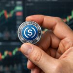 Mano sosteniendo moneda USDC con logo visible frente a gráficos bursátiles desenfocados en fondo financiero dinámico.