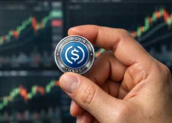 Mano sosteniendo moneda USDC con logo visible frente a gráficos bursátiles desenfocados en fondo financiero dinámico.
